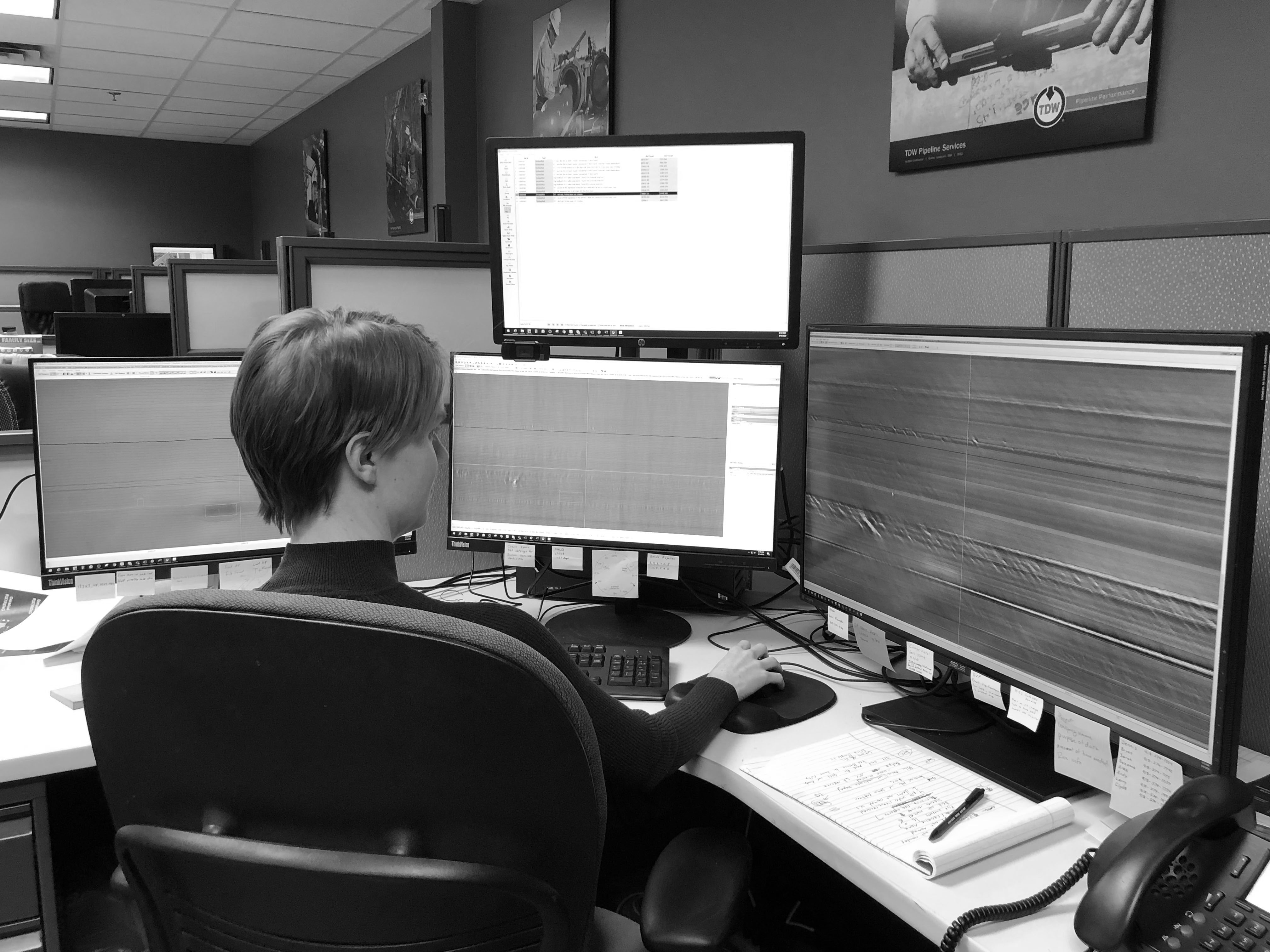 Integrity Engineer Reviewing ILI Data on multiple monitors